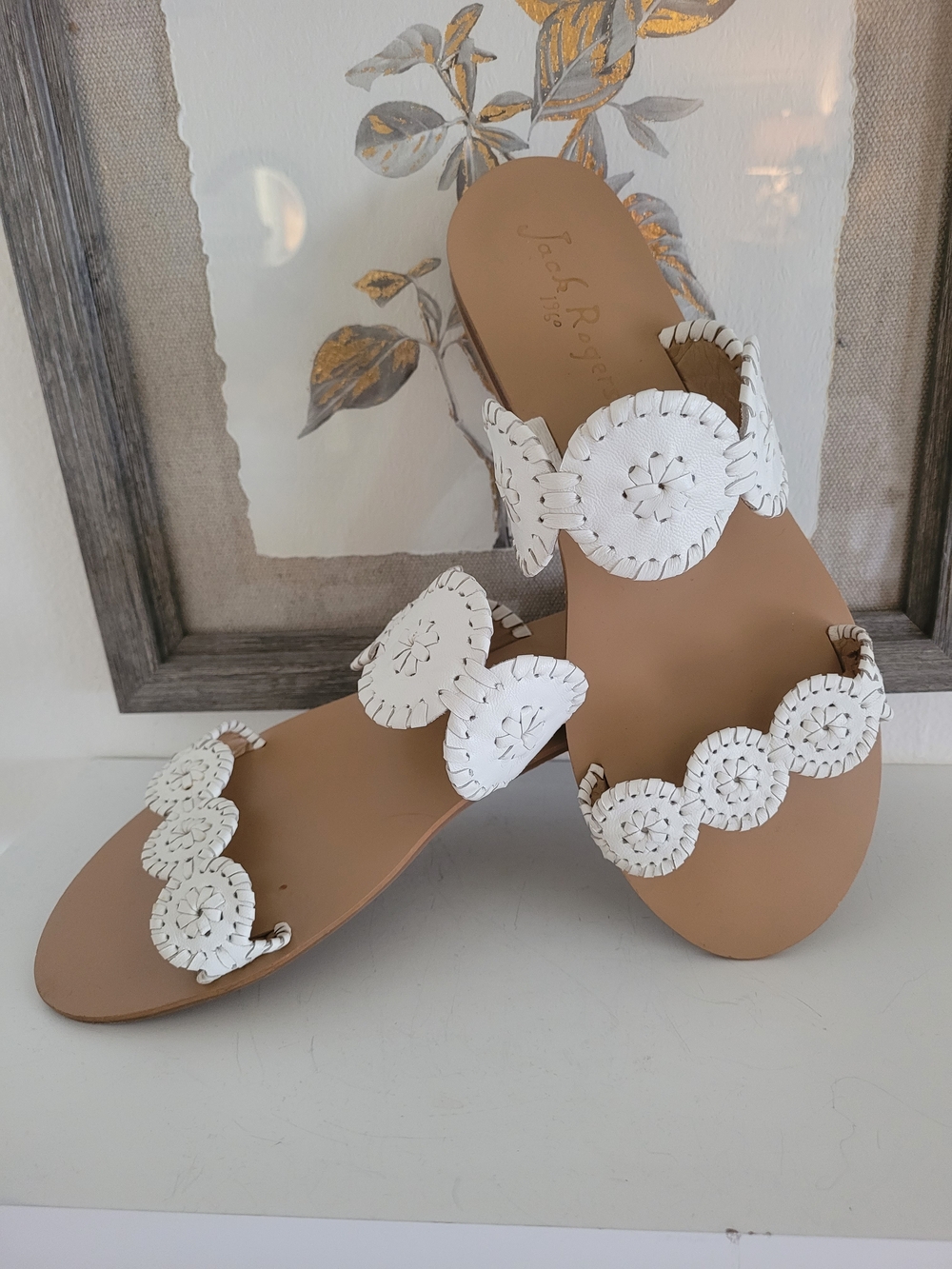 Jack Rogers Lauren White Leather Circle Applique Slide Sandals